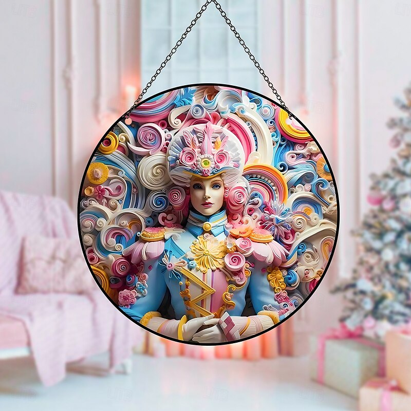 Pink Round Window Hanging Ornament, Fun King, Queen, Soldier Quilling Design, Colorful Printed Acrylic Decorative Tag for Balcony, Window, and Garden Decor2