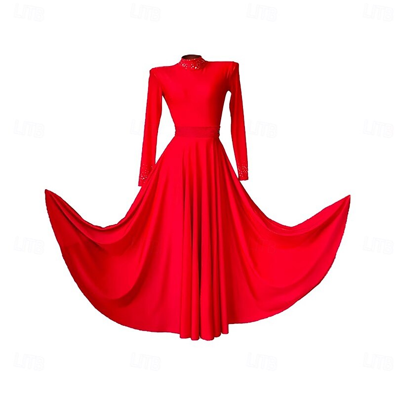 Ballroom Dance Dress Rhinestone Lace Pure Color Women's Performance Party Long Sleeve Spandex3