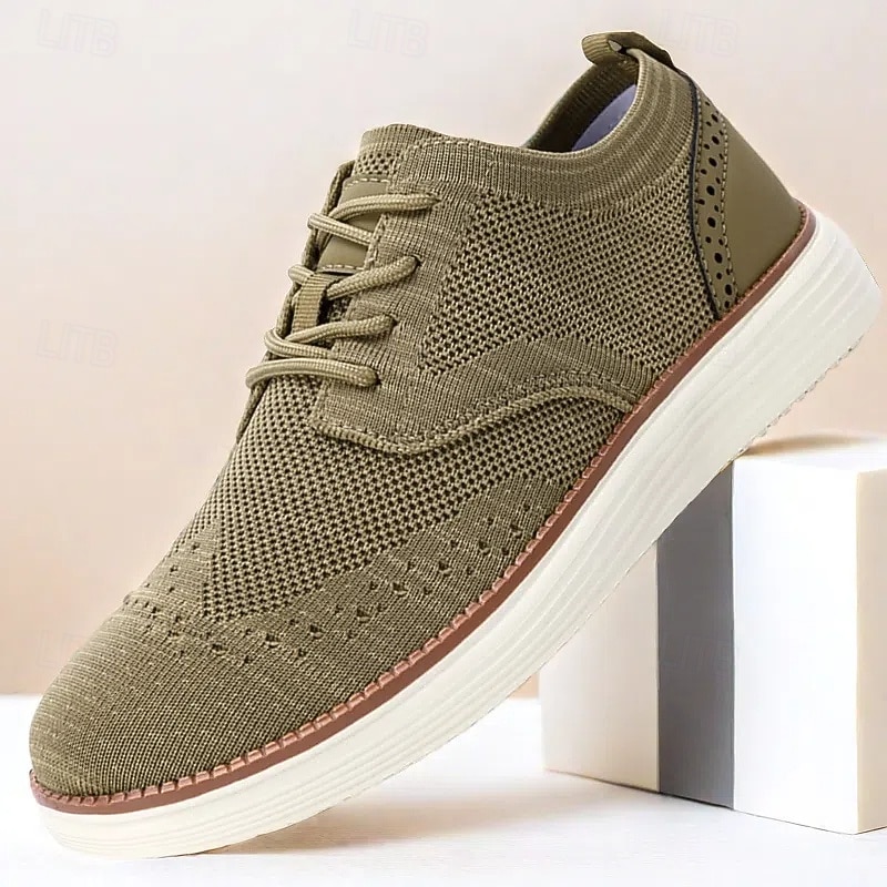 Men's Breathable Knit Brogue Sneakers - Casual Lace-Up Lightweight Shoes for Daily Wear & Walking