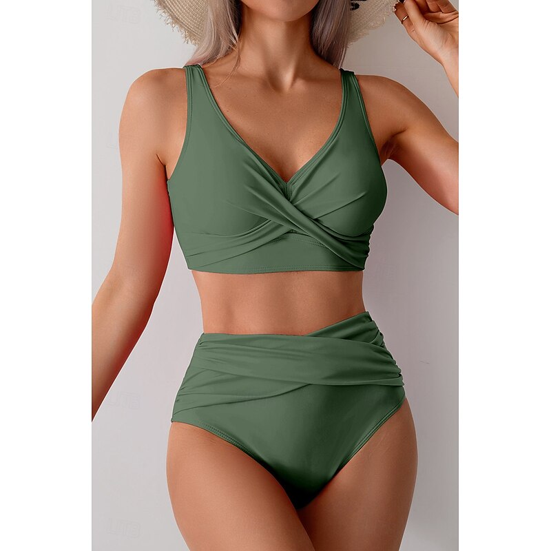 Women's Swimwear Bikini Swimsuit Ruched High Waisted Tropical Beach Wear Plain V Wire Sleeveless Bathing Suits2
