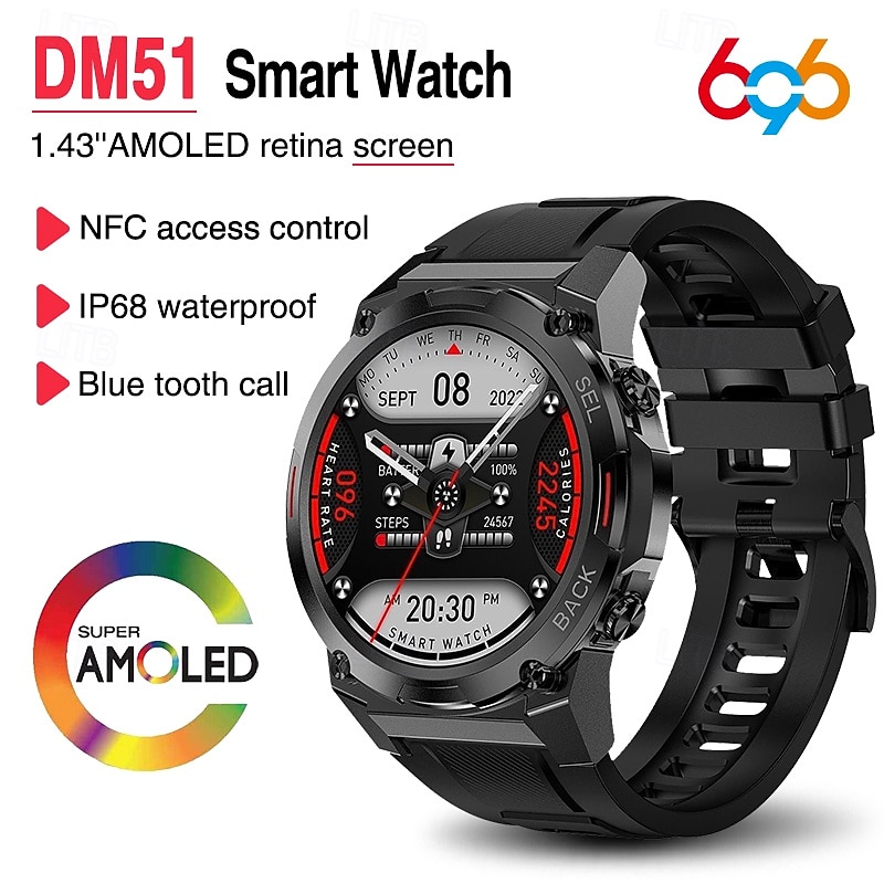 696 DM51 Smart Watch 1.43 inch Smartwatch Fitness Running Watch Bluetooth ECG+PPG Pedometer Call Reminder Compatible with Android iOS Women Men Hands-Free Calls Message Reminder IP 67 51mm Watch Case