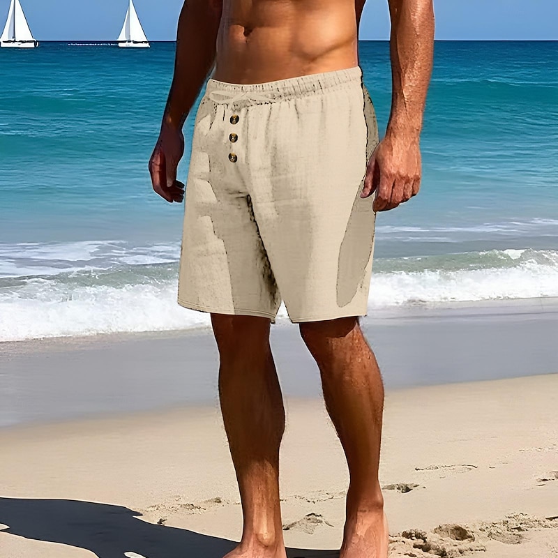 Men's Shorts Linen Shorts Summer Shorts Beach Shorts Pocket Drawstring Elastic Waist Plain Comfort Breathable Knee Length Outdoor Daily Holiday Fashion Hawaiian Dark Khaki Light Khaki2