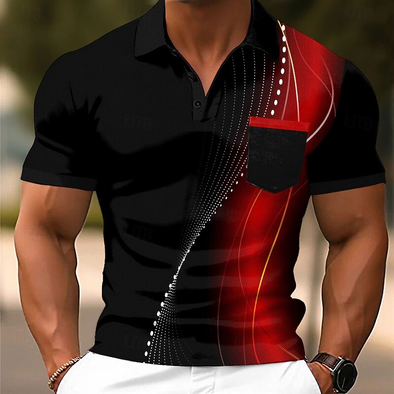 Men's Geometic Line Polo Short Sleeve Polo Shirts Collared Shirts Business Casual Outdoor Athleisure Daily Wear 3D Print Buttons Summer Red Blue Green
