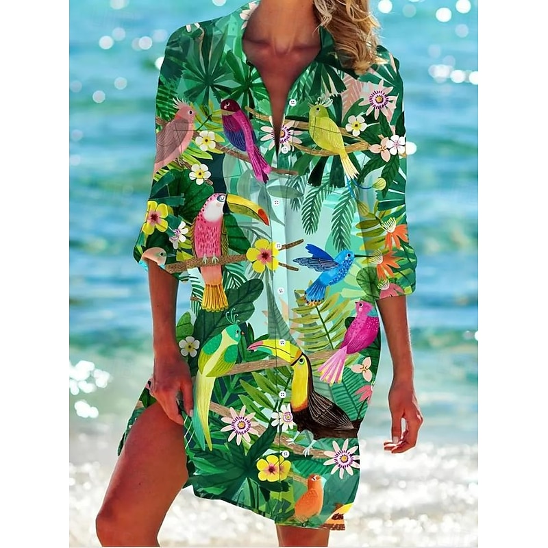 Women's Mini Dress Sundress Vacation Beach Vacation Daily Beach Loose Fit Graphic Tropical Long Sleeve Shirt Collar Green Spring Fall