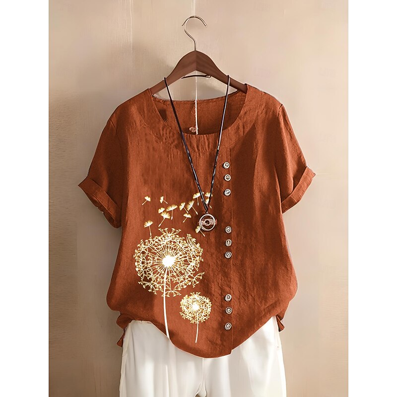 Women's 100% Cotton Blouse Floral Graphic Stylish Cotton Linen Casual Short Sleeve Crew Neck Regular Tops Daily Going out Buttons Print Brown