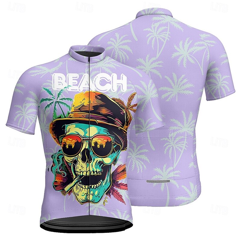 Men's Cycling Jersey Skull Letter & Number Short Sleeve Bike Tee Tshirt Jersey with 3 Rear Pockets Mountain Bike MTB Quick Dry Anatomic Design Wicking Breathable Sports Purple Green Clothing Apparel