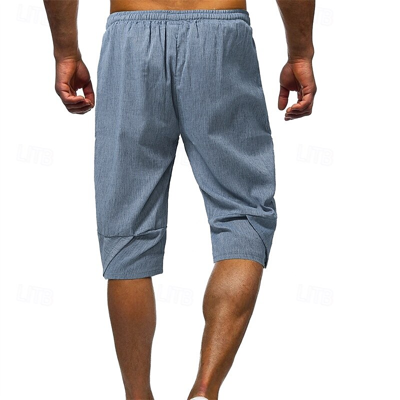 Men's Shorts Linen Shorts Summer Shorts Beach Shorts Pocket Drawstring Elastic Waist Plain Comfort Breathable Calf-Length Vacation Holiday Beach Hawaiian Boho Black Dark Gray3