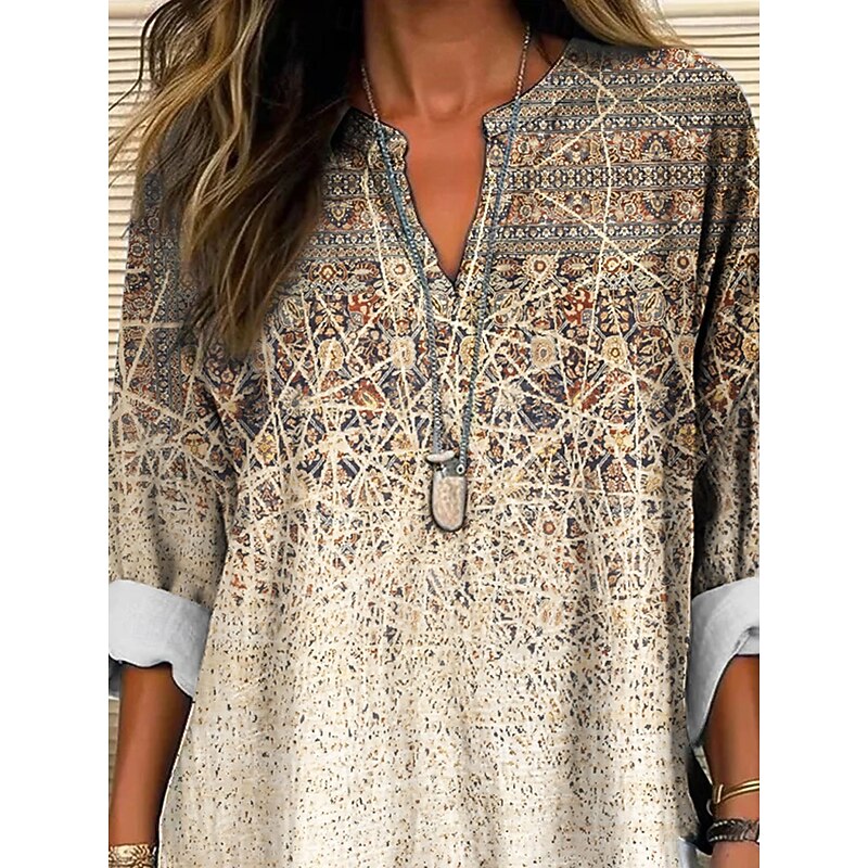 Women's Blouse Tunic V Neck Long Sleeve Boho Casual Tops Graphic Paisley Vintage Tropical Regular Tops Daily Wear Print Blue Khaki2