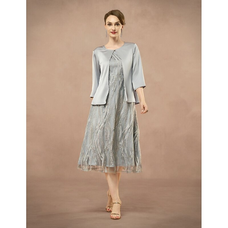 A-Line Mother of the Bride Dress Two Pieces Elegant Jewel Neck Tea Length Lace 3/4 Length Sleeve with Embroidered Lace Applique 2025