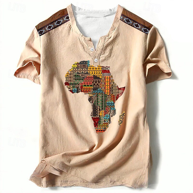 Independence Day Map Of Africa Mens Graphic Shirt Tribal Prints Designer Classic Casual 3D Tee Henley Vintage Outdoor Daily Vacation Light Brown Blue African Cotton3