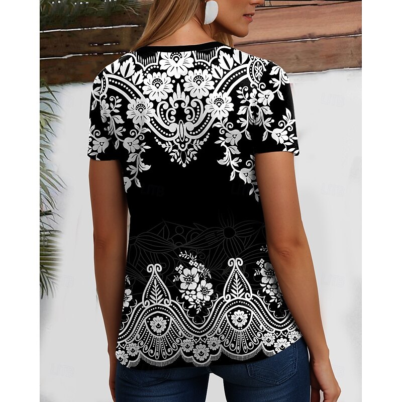 Women's T Shirt Graphic Geometric Paisley Bohemia Vintage Stylish Short Sleeve V Neck Regular Tops Daily Going out Beach Wear Print Black+White+Red Black White Red Purple Summer2