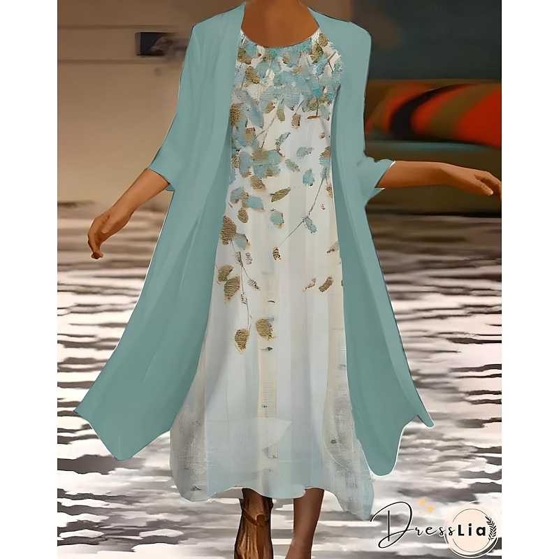 Women's Graduation Dress Maxi Dress Dress Set Summer Dress Vacation Casual Ombre Floral Print 3/4 Length Sleeve Crew Neck Wedding Guest Birthday Blue Sky Blue Light Purple Summer Spring Regular Fit4