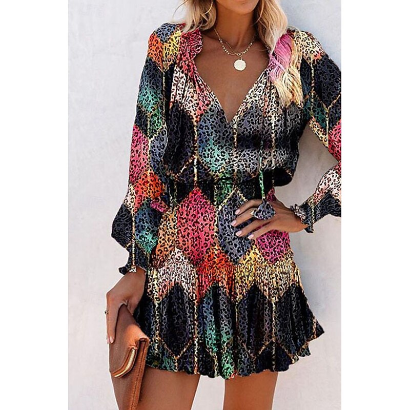 Women's Mini Dress Petite Dress Print Dress Fashion Daily Holiday Going out Regular Fit Flower Long Sleeve V Neck Black Red Khaki Rose Red Summer2