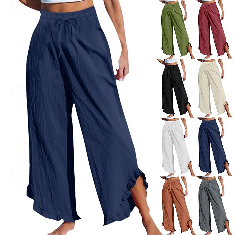 Women's Cotton Linen Shorts Linen-Inspired Pants Cotton Linen Pants Streetwear Casual Full Length Natural Plain Asymmetric Elastic Drawstring Design Comfy Outdoor Street Daily Wear Going out Wine