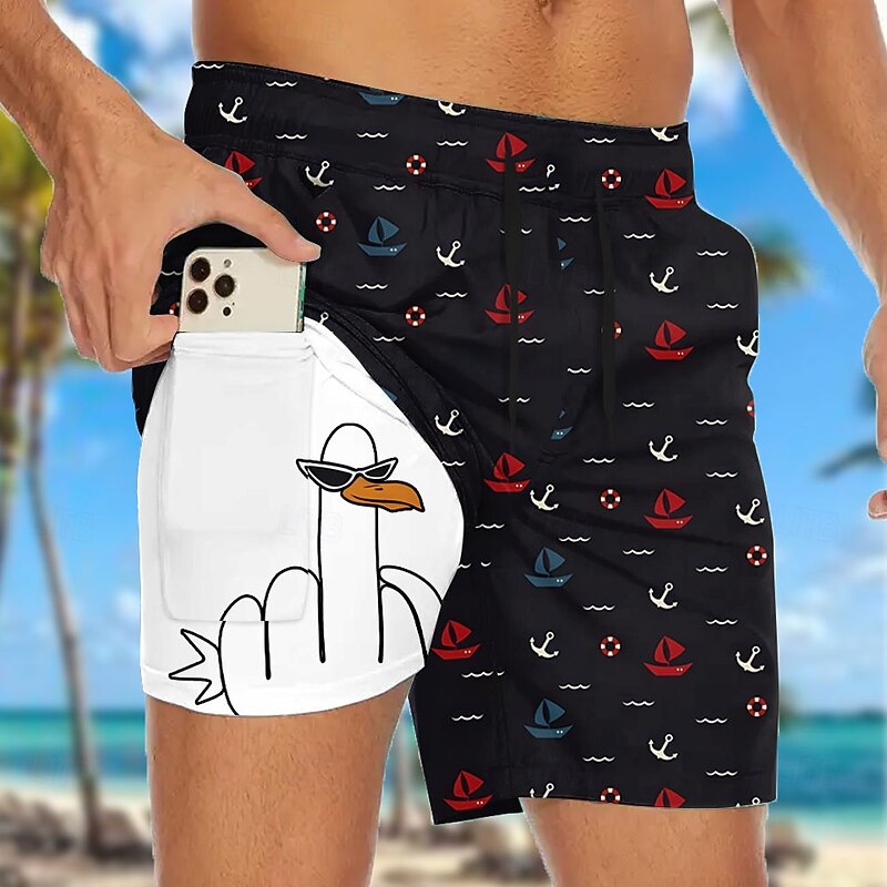 Men's Funny Duck Sailboat Lined Shorts 2 in 1 Board Shorts Swim Shorts Mid Waist Hawaiian Vacation Beach Wear Side Pockets With Compression Liner Elastic Drawstring Waist Designer Clothing Apparel3