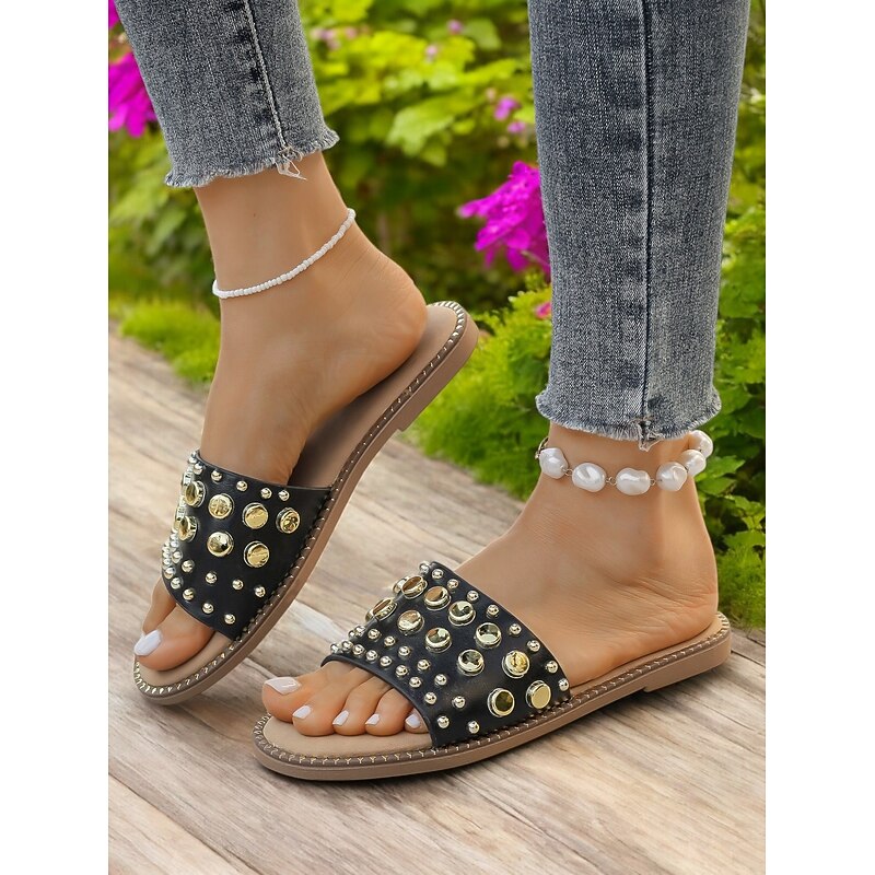 Women's Black Studded Slide Sandals – Trendy Flat Slip-On Sandals with Gold Rivets for Summer, Beach, and Casual Outings