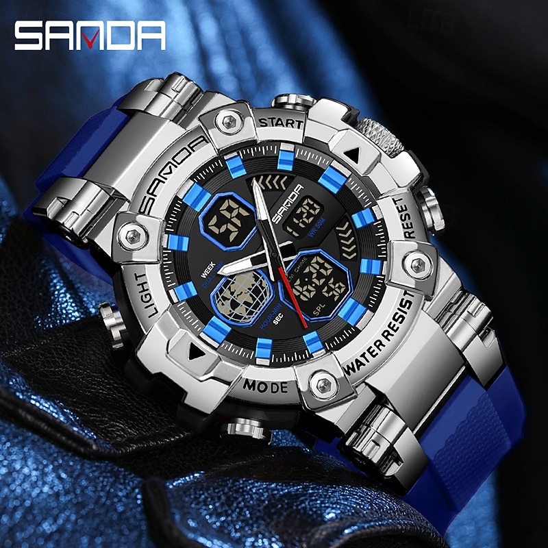 SANDA Men Digital Watch Large Dial Outdoor Sports Fashion Luminous Alarm Clock Calendar Chronograph Silicone Watch3