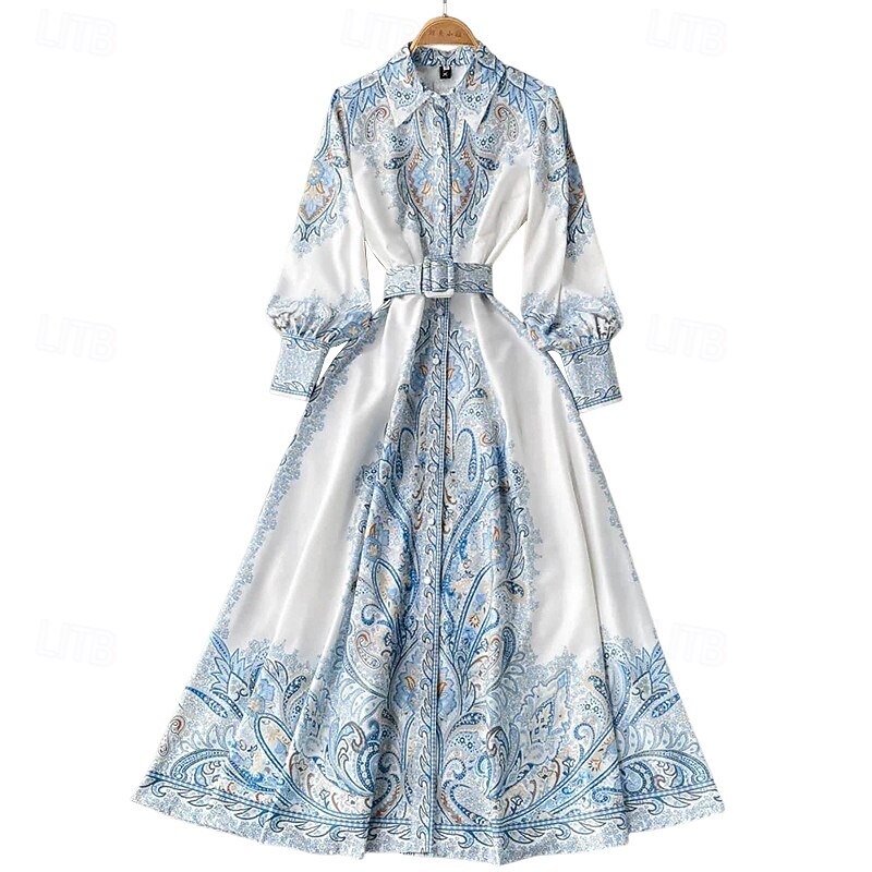 Women's Midi Dress Boho Dress Fashion Holiday Going out Weekend Regular Fit Flower Long Sleeve Shirt Collar Black Blue Apricot Summer2