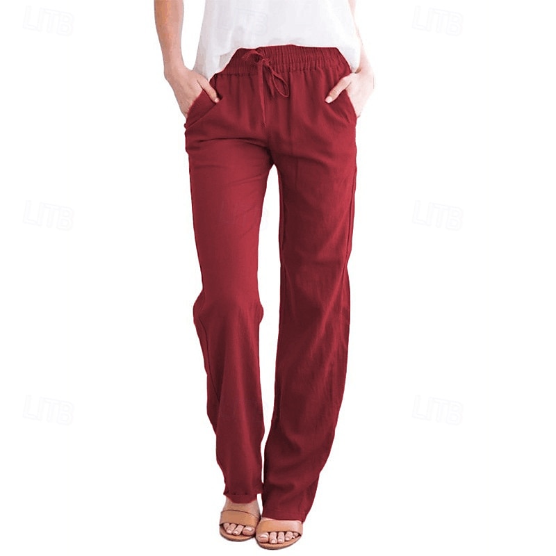 Women's Cotton Linen Pants Slacks Palazzo Pants Streetwear Casual Full Length Natural Plain Pocket Elastic Drawstring Design Comfy Outdoor Vacation Street Going out Magenta Navy Apricot Light Sky Blue2