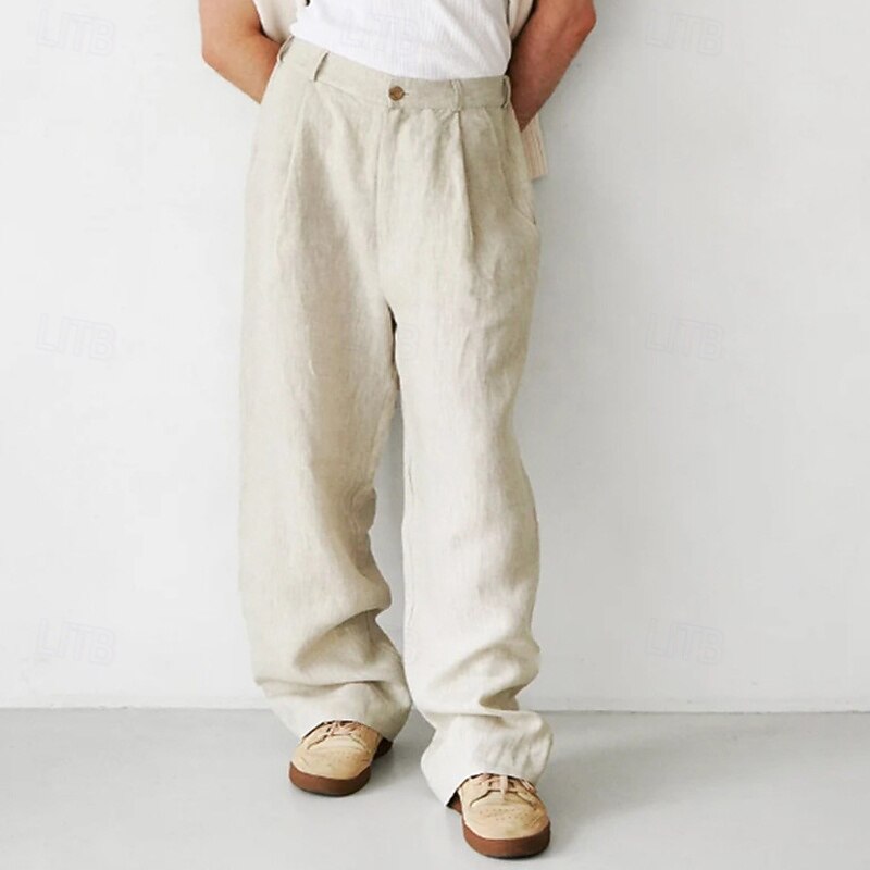 Men's Linen Pants Trousers Summer Pants Beach Pants Buttons Pocket Plain Comfort Breathable Vacation Daily Holiday Hawaiian Boho Black Khaki