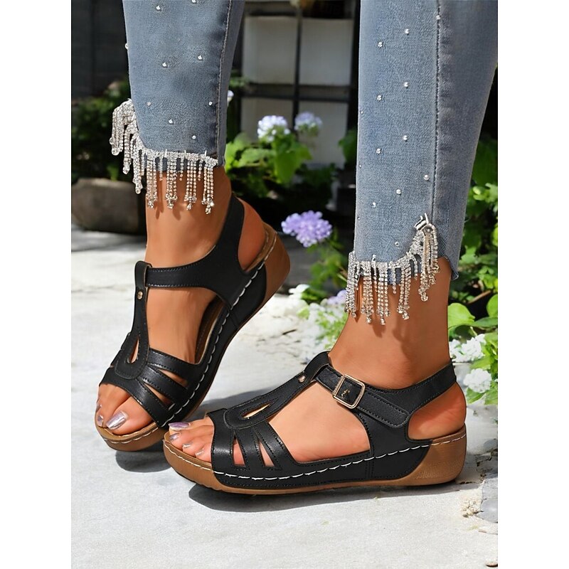 Brown T-Strap Buckle Flat Sandals for Women - Comfort Faux Leathe Sandals for Everyday Wear & Outdoor Activities4