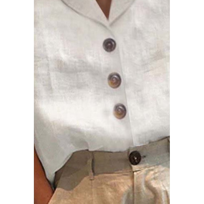 Women's Shirt Cotton Linen Shirts Linen Shirt Button Up Plain Daily Basic Casual Short Sleeve V Neck Regular Tops Daily Holiday Going out Buttons White Summer4