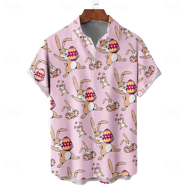 Easter Men's Bunny Easter Eggs Shirt Casual Shirt Button Up Shirt Short Sleeve Vintage Retro Vacation Holiday Festival Summer Spring Turndown 3D Print Collared Shirts Front One Pocket Pink Beige