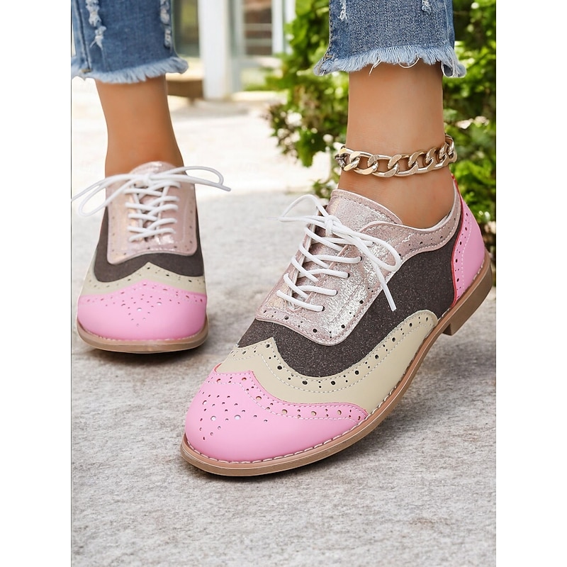Colorful Pink and Beige Brogue Oxford Sneakers for Women, Casual Lace-Up Shoes with Perforated Detailing, Stylish and Comfortable for Everyday Wear