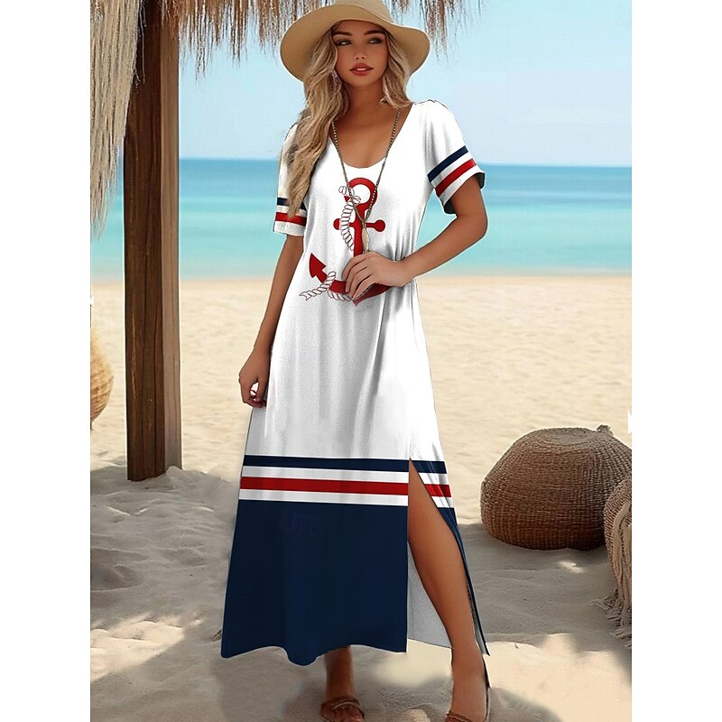 Women's Maxi Dress T Shirt Dress Tee Dress Sundress Shift Dress Summer Dress Vacation Tropical Stylish Vacation Party Holiday Regular Fit Geometric Stripe Short Sleeve Crew Neck White Dark4