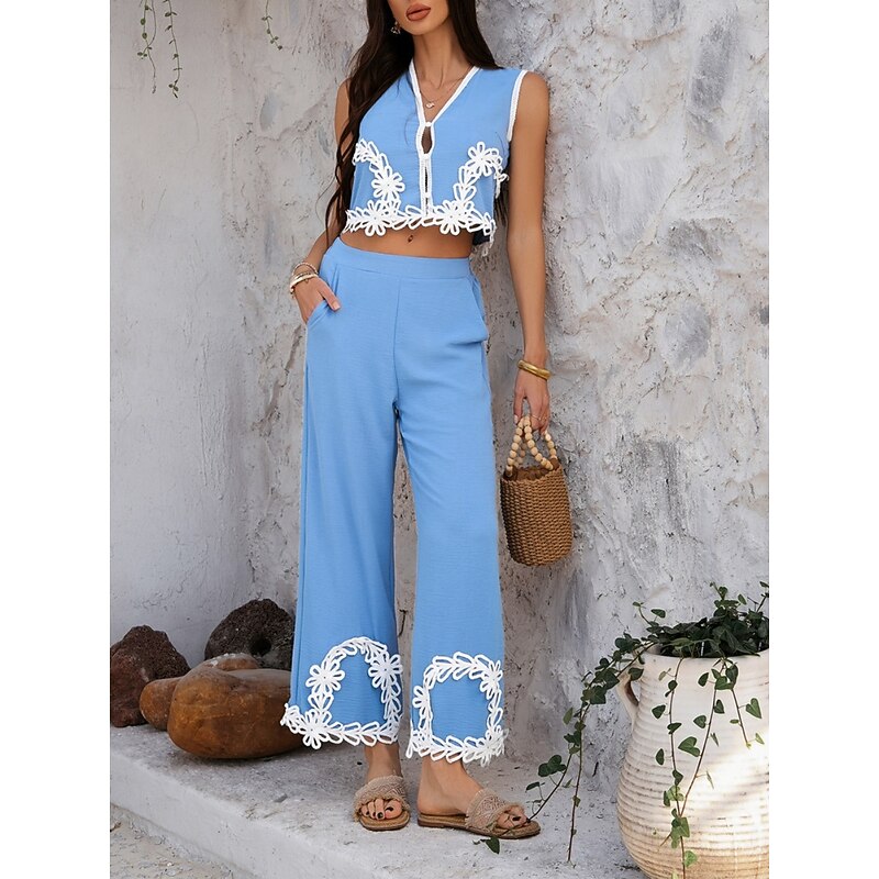 Women's Active Boho Shirt Pants Sets Sleeveless V Neck Solid Color Lace Patchwork Casual Daily Black Army Green Blue Summer Regular Fit4