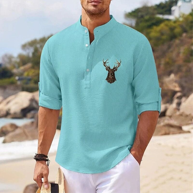Men's Popover Shirt Summer Shirt Casual Shirt Beach Shirt Waffle Knit Shirt Black White Blue Sky Blue Dark Gray Long Sleeve Reindeer Pattern Stand Collar Henley Vacation Hawaiian Buckle Clothing