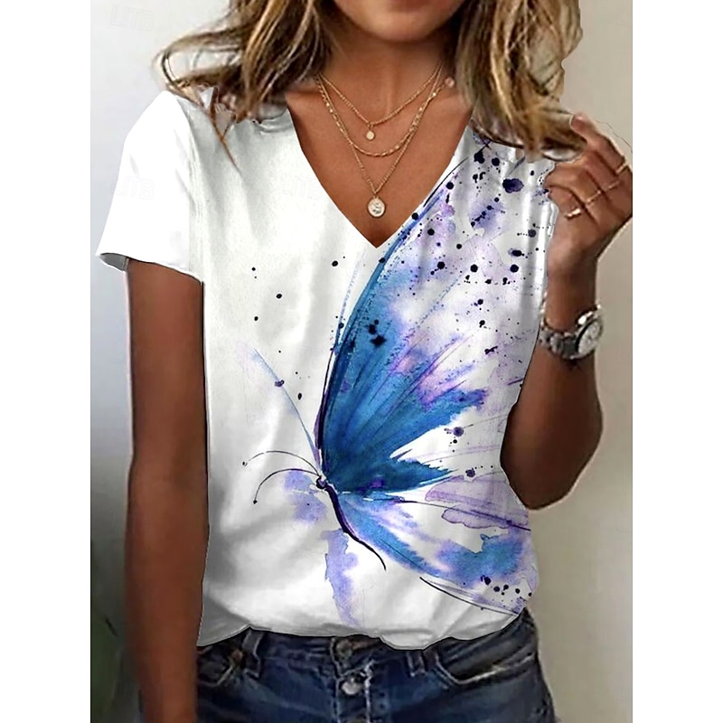 Women's T Shirt Graphic Butterfly Fashion Hawaiian Casual Long Sleeve V Neck Regular Tops Daily Going out Weekend Print Blue Summer Spring