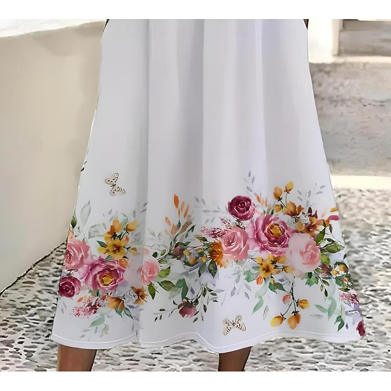 Women's Midi Dress Sundress Summer Dress Slip Dress Vacation Casual Beach Birthday Daily Holiday Loose Fit Floral Graphic Short Sleeve Crew Neck White Summer3