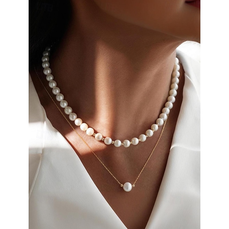 Elegant Layered Pearl Necklace for Women – Gold Chain with White Simulated Pearls, Classic Vintage Jewelry for Weddings, Parties and Formal Events2
