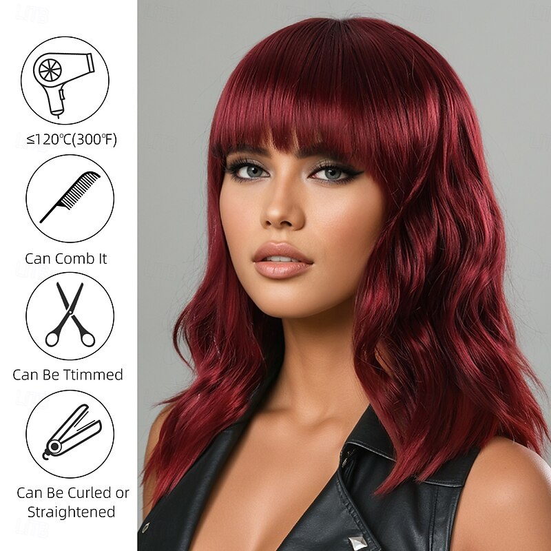 Synthetic Wig Wavy Water Wave Asymmetrical Neat Bang Machine Made Wig 16 inch A1 Synthetic Hair Women's Comfortable Color Gradient Highlighted / Balayage Hair Burgundy2