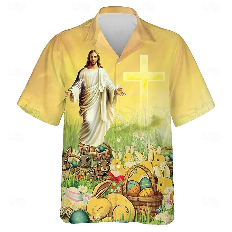 Easter Men's Bunny Templar Cross Jesus Shirt Cuban Collar Shirt Button Up Shirt Short Sleeve Vintage Retro Holiday Festival Summer Spring Camp Collar Shirt 3D Print Yellow2