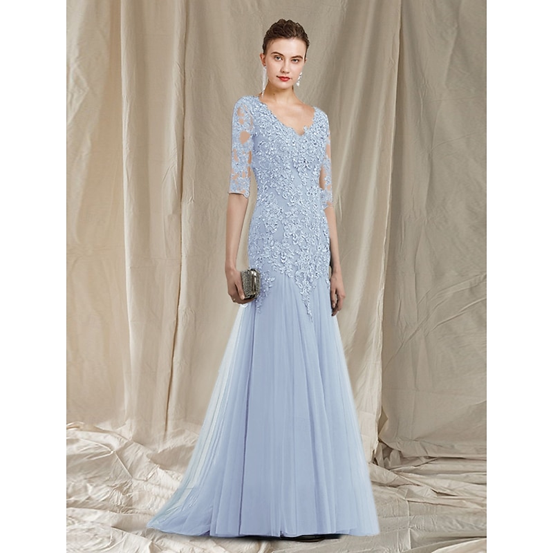 A-Line Mother of the Bride Dress Elegant V Neck Sweep / Brush Train Lace Tulle Half Sleeve No with Ruffles Appliques