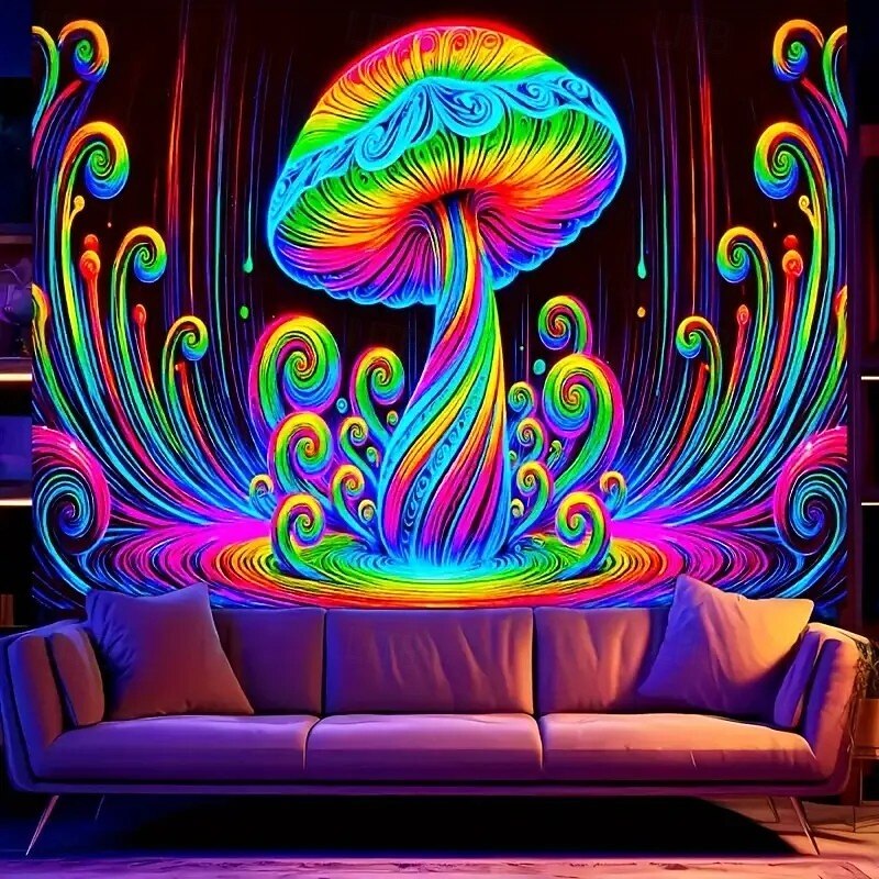 Blacklight Tapestry Glow in the Dark Glow Party UV Reactive Trippy Misty Mushroom Nature Landscape Hanging Tapestry Wall Art Mural for Living Room Bedroom3