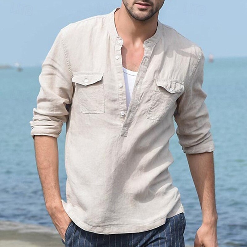 Men's Shirt Linen Shirt Cotton Linen Shirt Casual Shirt Button Up Shirt Plain Vacation Street Black White Sky Blue Beige Long Sleeve Standing Collar Spring Clothing Apparel Pocket4