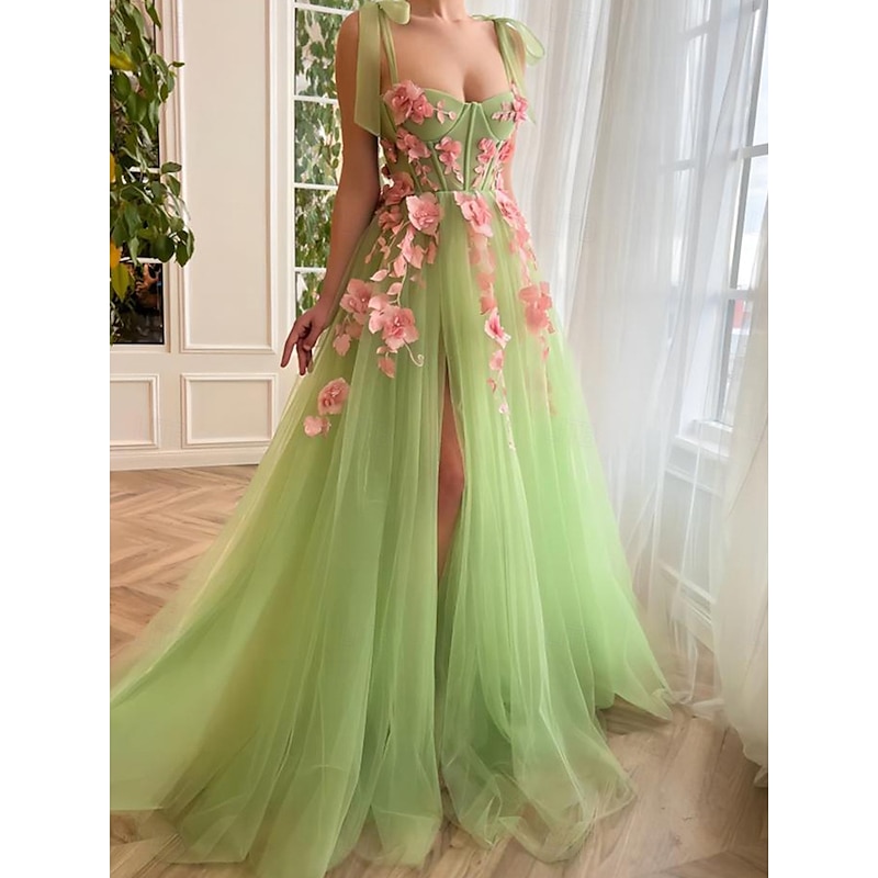A-Line Prom Dresses Floral Embroidery Lace Corset Dress Semi Formal Wedding Guest Floor Length Sleeveless Tulle