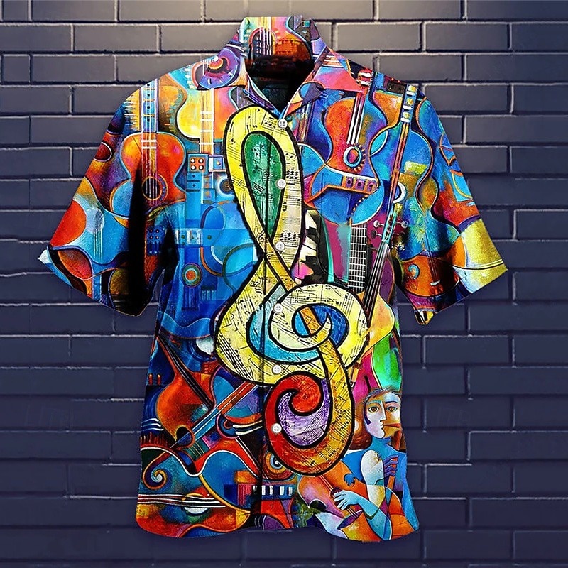 Men's Boardmasters Music Notes Shirt Summer Hawaiian Shirt Button Up Shirt Short Sleeve Sports Fashion Streetwear Casual Hawaiian Holiday Summer Spring Cuban Collar Print Button-Down Wine Apricot