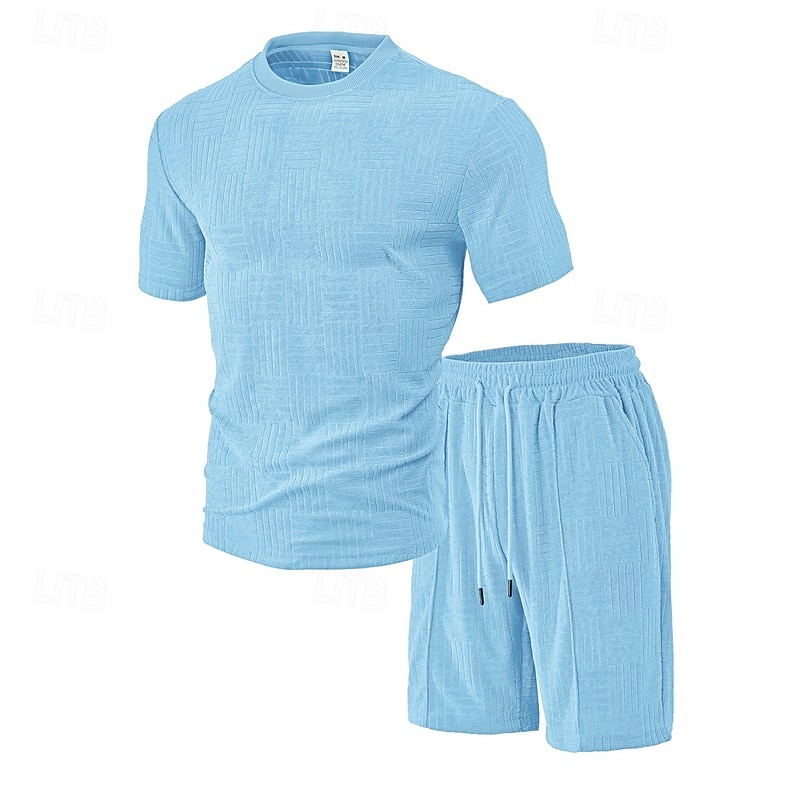 Men's T-shirt Suits 2 Pieces Outfits Tee & Shorts Short Sleeve Crew Neck Summer Plain Fashion Casual 2 Piece Vacation Daily Wear Going out Black Wine Dark Navy Top Tee for Men