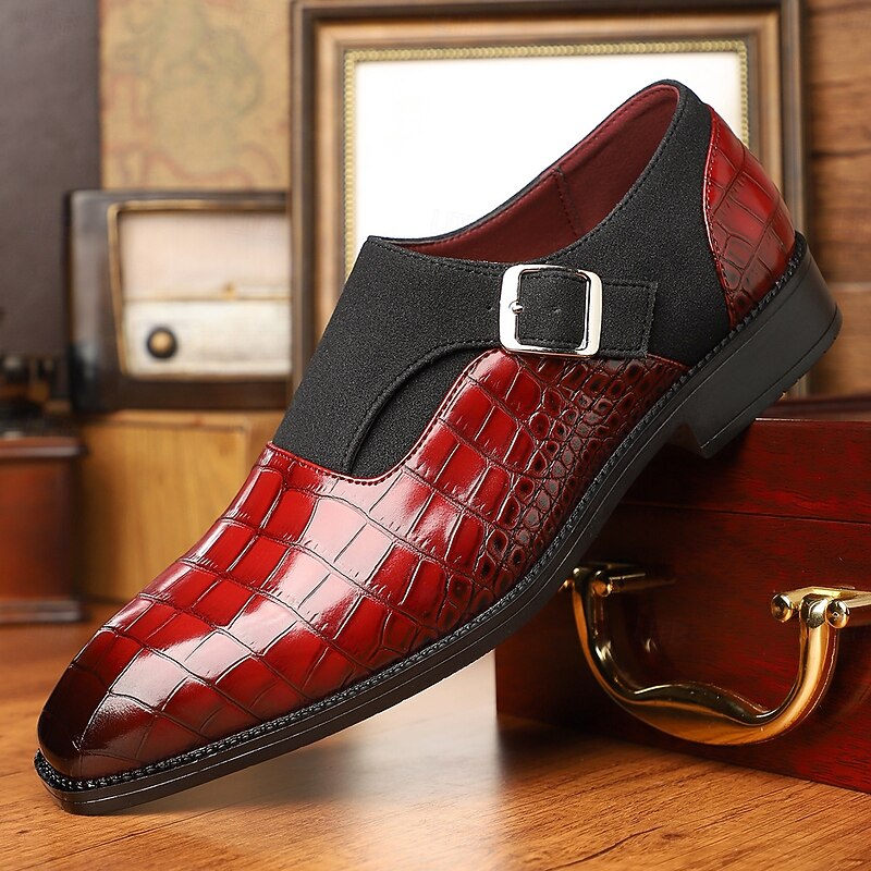 Men's Red Crocodile Pattern Faux Leather Monk Strap Shoes - Luxurious Choice for Formal Occasions and Business Meetings