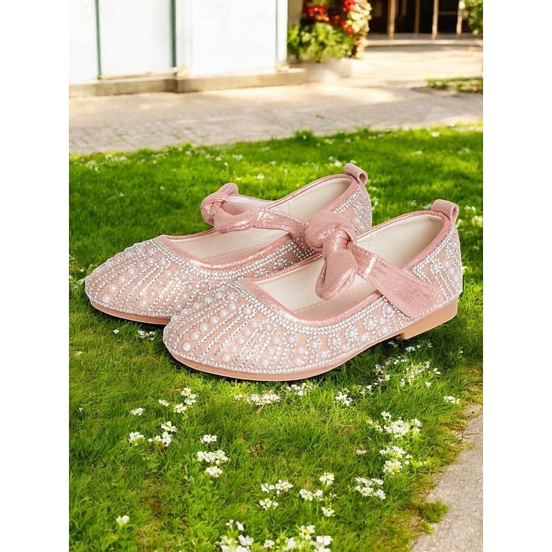 Girls' Pink Pearl-Embellished Ballet Flats with Bow Detail, Soft Comfortable Fit, Ideal for Weddings, Parties, and Special Occasions