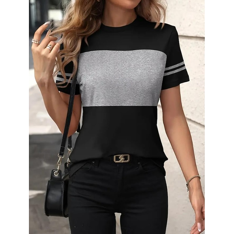 Women's T Shirt Striped Casual Short Sleeve Round Neck Regular Tops Daily Going out Weekend Print Black White Summer2