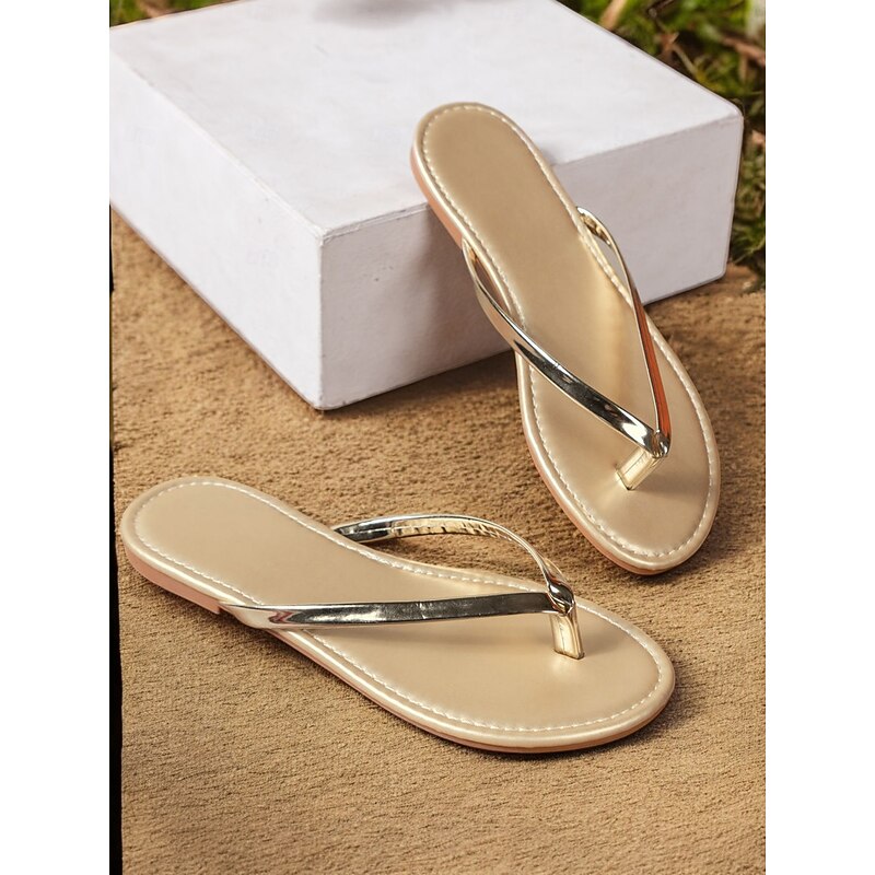 Women's Metallic Strap Flip Flops – Minimalist Beach Sandals with Cushioned Sole, Casual Summer Style for Vacation, Pool, and Everyday Wear4