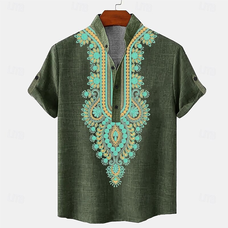Men's Ethnic Linen Shirt Summer Shirt Short Sleeve Casual Tribal Vacation Daily Summer Spring Mandarin Collar Print Navy Blue Green