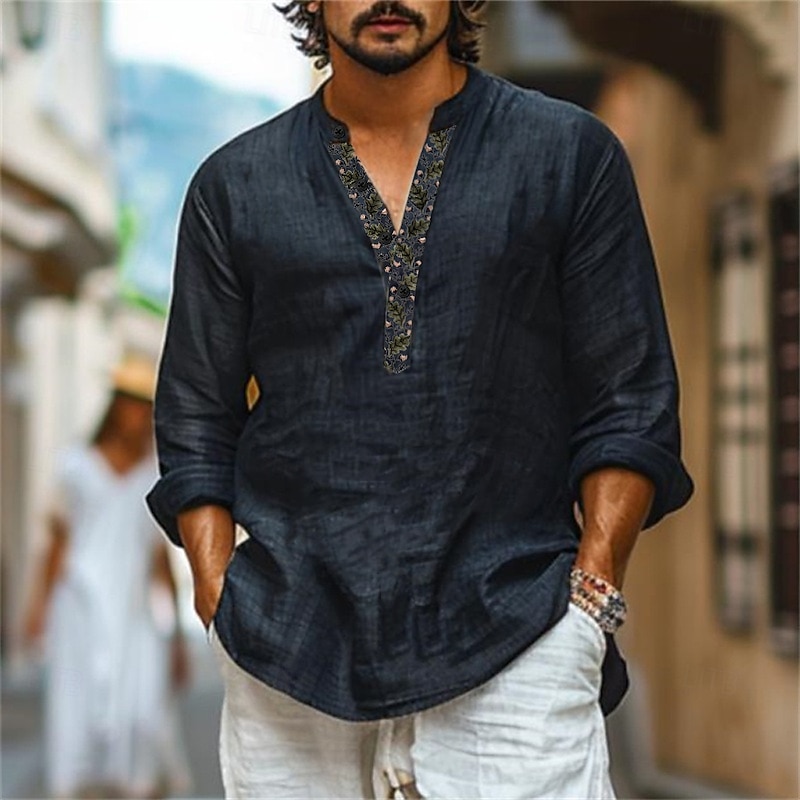 Men's Shirt Popover Shirt Summer Shirt Beach Shirt Plain Casual Daily Black Long Sleeve Band Collar Spring & Summer Clothing Apparel