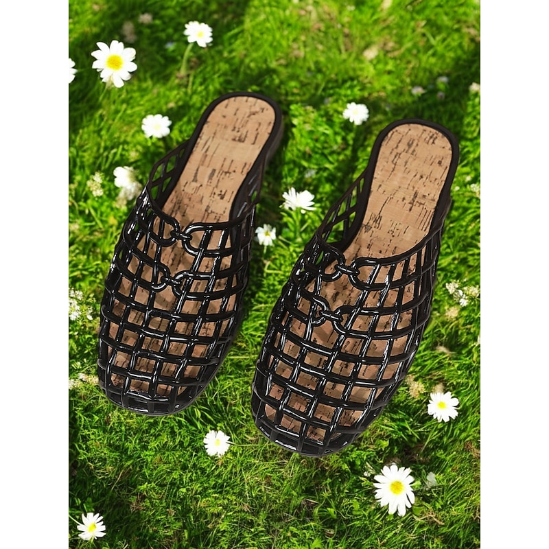 Women's Hollow-Out Jelly Flat Mules – Trendy Square-Toe Beach Slippers for Summer Casual Wear and Beach4