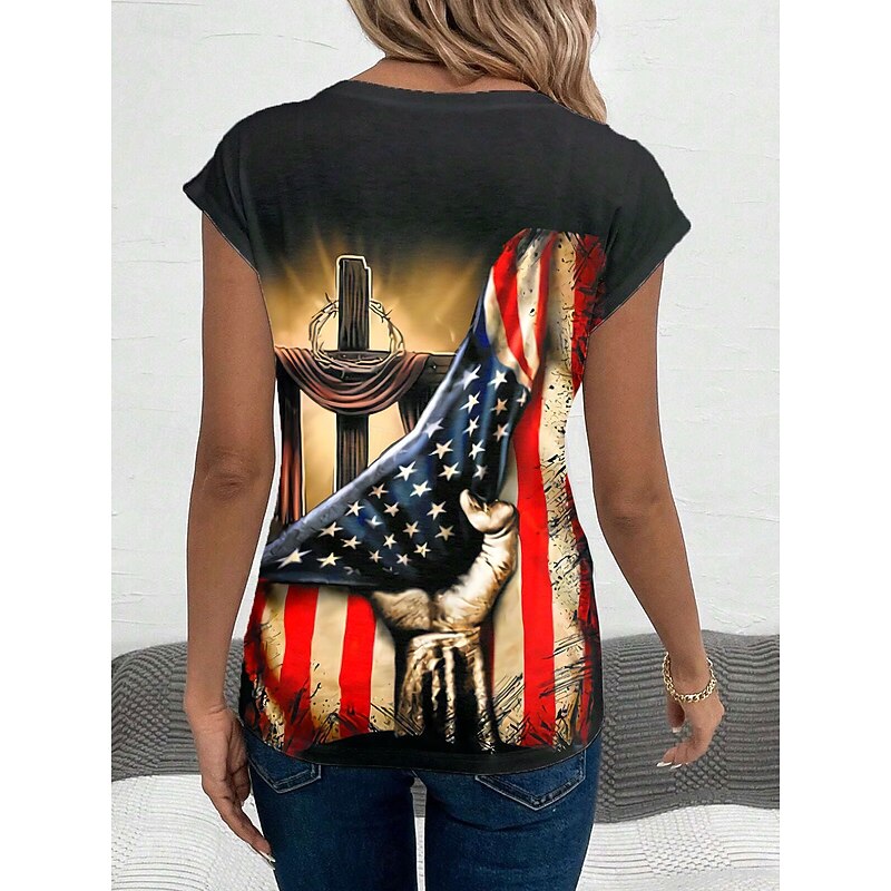 Women's Patriotic  Camisole Tank Top Graphic Flag Stylish Casual Sleeveless V Neck Regular Tops Daily Print Black Summer2